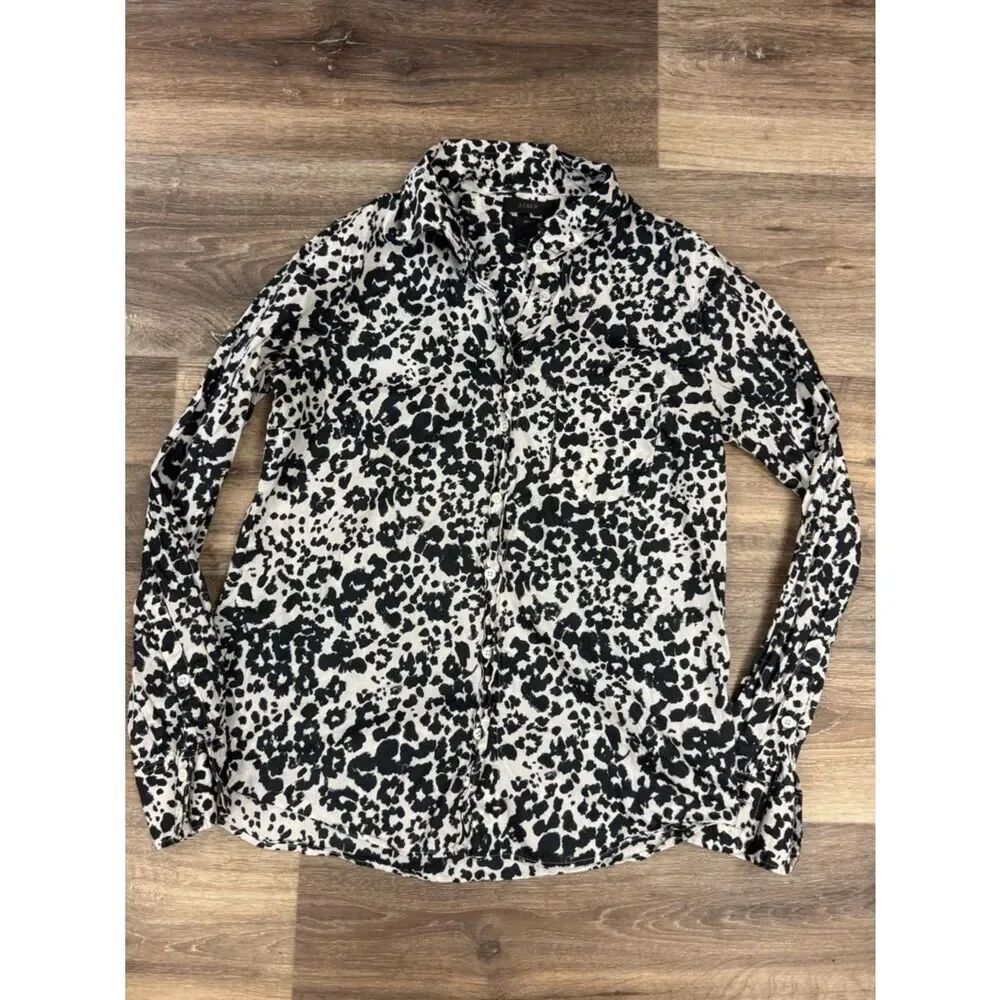 J Crew Button Down White Black Snowcat Print Top Blouse Women’s 4